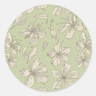 Tossed Blossoms on Olive Green - seamless pattern. Classic Round Sticker