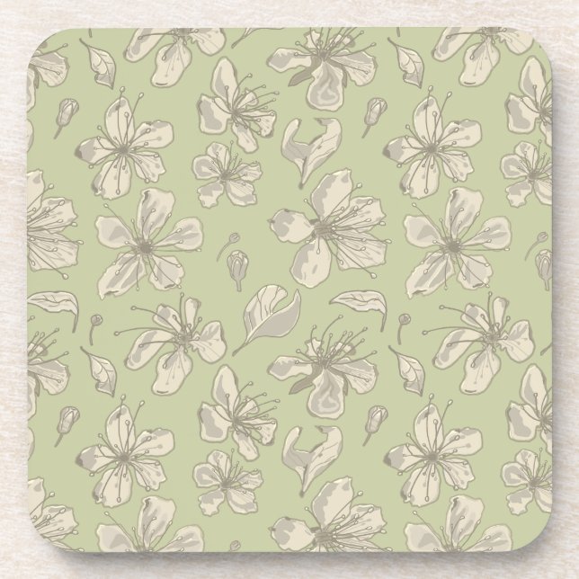 Tossed Blossoms on Olive Green - seamless pattern. Coaster (Front)