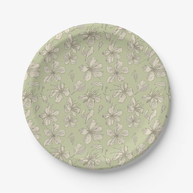 Tossed Blossoms on Olive Green - seamless pattern. Paper Plate (Front)