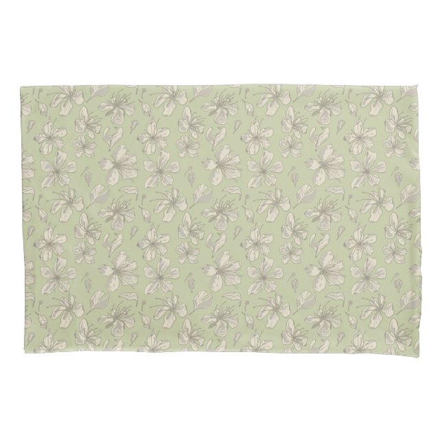 Tossed Blossoms on Olive Green - seamless pattern. Pillowcase (Front)