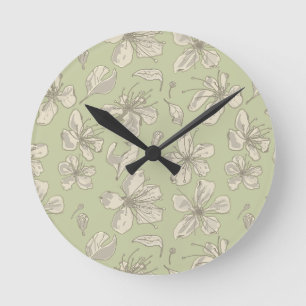 Tossed Blossoms on Olive Green - seamless pattern. Round Clock