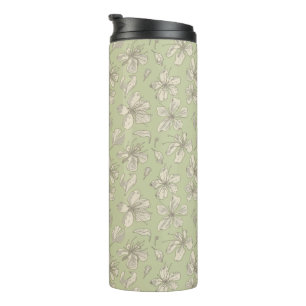 Tossed Blossoms on Olive Green - seamless pattern. Thermal Tumbler