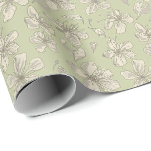 Tossed Blossoms on Olive Green - seamless pattern. Wrapping Paper