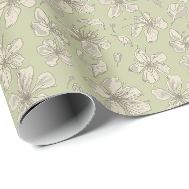 Tossed Blossoms on Olive Green - seamless pattern. Wrapping Paper (Roll Corner)