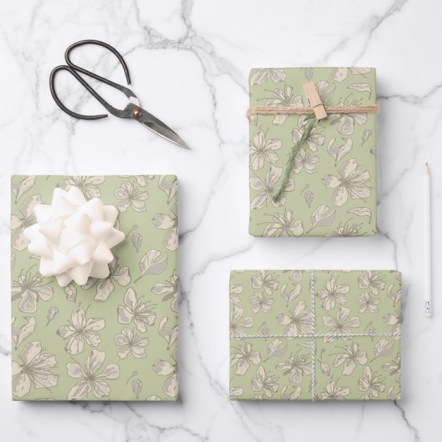 Tossed Blossoms on Olive Green - seamless pattern. Wrapping Paper Sheet (Front)