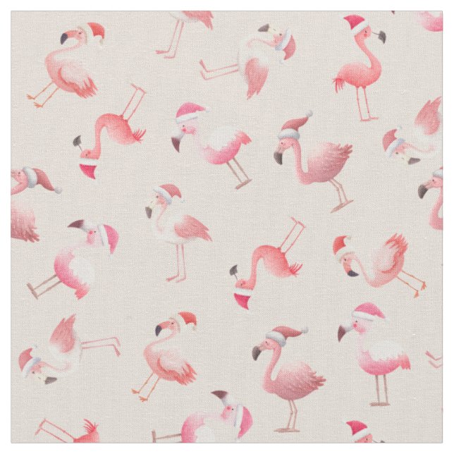 Tossed Christmas Flamingos on Beige Fabric (Close Up)