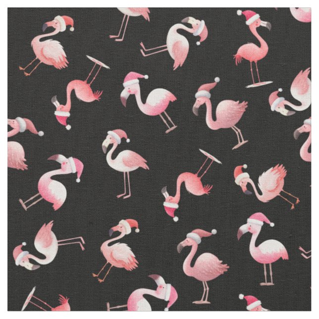 Tossed Christmas Flamingos on Black Fabric (Close Up)