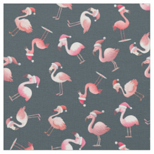 Tossed Christmas Flamingos on Dark Gray-Blue Fabric