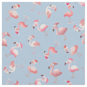 Tossed Christmas Flamingos on Light Blue Fabric