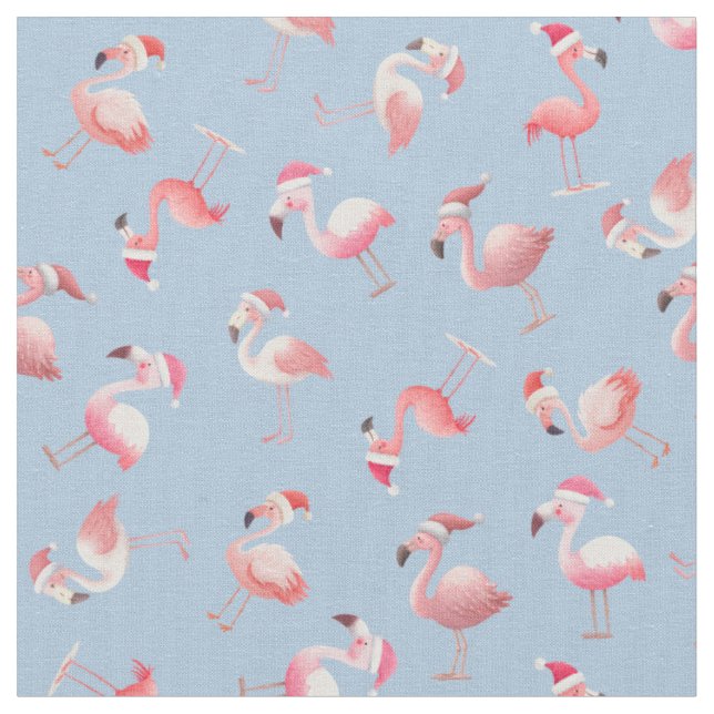 Tossed Christmas Flamingos on Light Blue Fabric (Close Up)