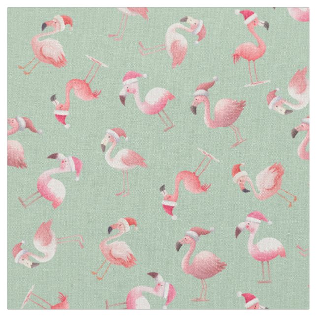Tossed Christmas Flamingos on Light Green Fabric (Close Up)