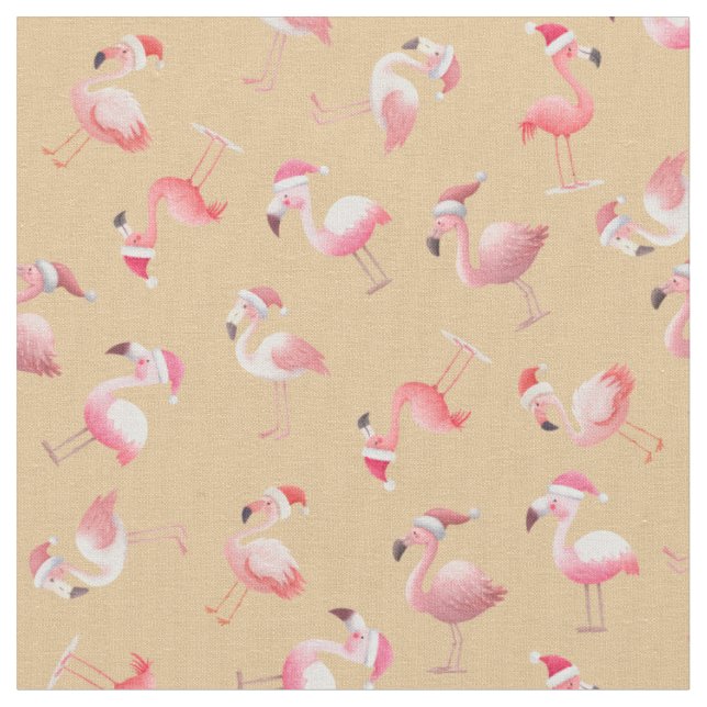 Tossed Christmas Flamingos on Light Orange Fabric (Close Up)