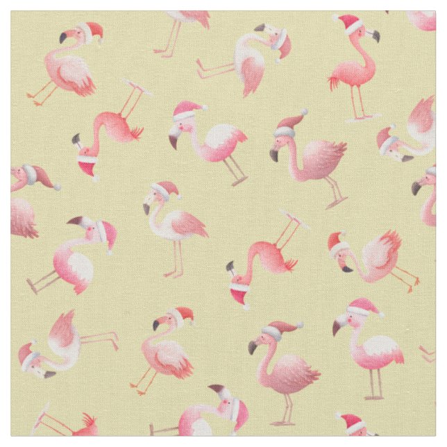Tossed Christmas Flamingos on Light Yellow Fabric (Close Up)