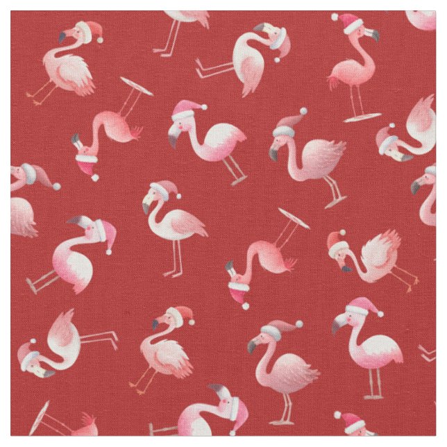 	Tossed Christmas Flamingos on Red Fabric (Close Up)