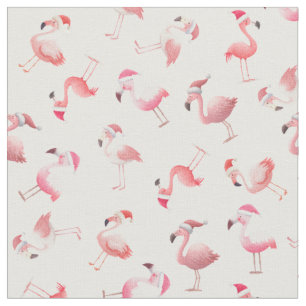 Tossed Christmas Flamingos on White Fabric