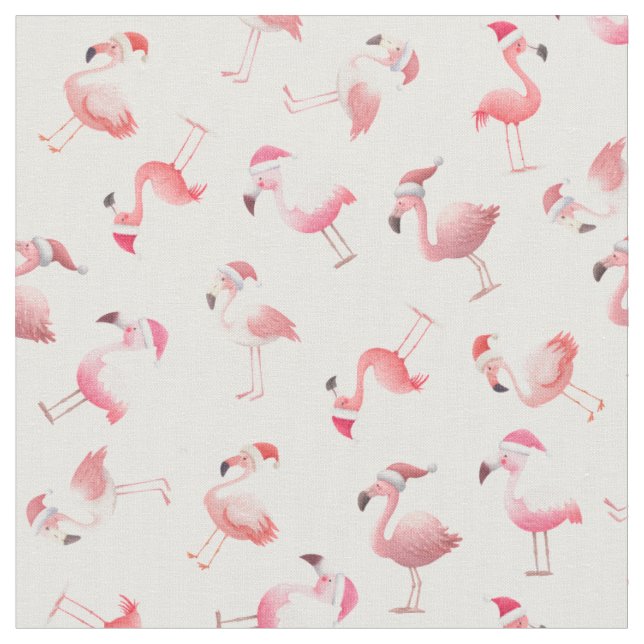 Tossed Christmas Flamingos on White Fabric (Close Up)
