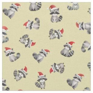Tossed Christmas Raccoons on Light Yellow Fabric