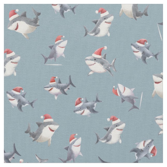 Tossed Christmas Sharks on Light Gray-Blue Fabric (Close Up)