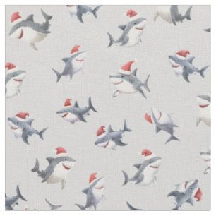 Tossed Christmas Sharks on Light Gray Fabric