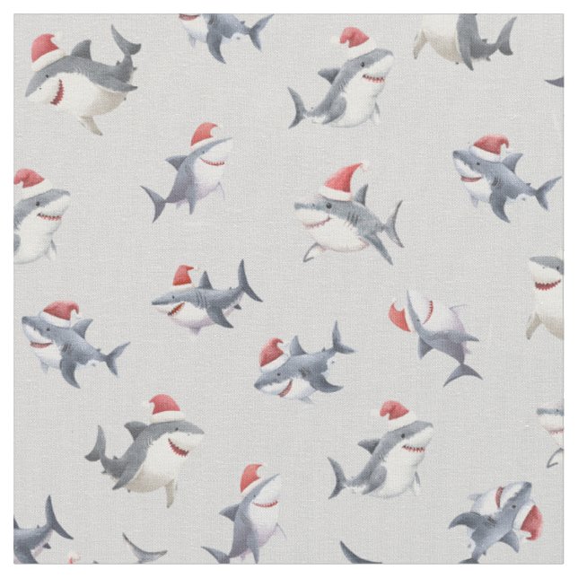 Tossed Christmas Sharks on Light Gray Fabric (Close Up)