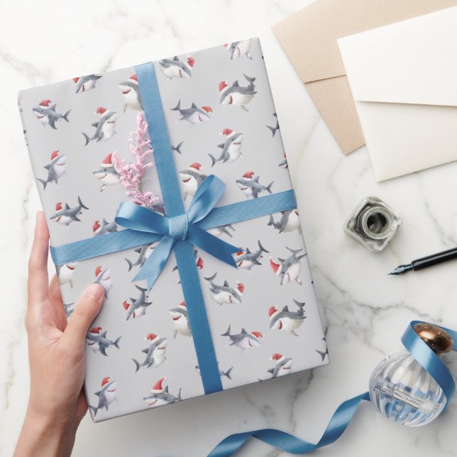 Tossed Christmas Sharks on Light Gray Wrapping Paper (Gifting)