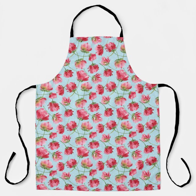 Tossed Crimson Red Watercolor Florals Polka Dots Apron (Front)