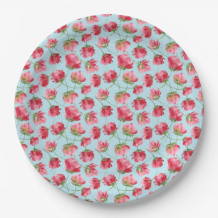 Tossed Crimson Red Watercolor Florals Polka Dots Paper Plate