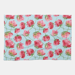 Tossed Crimson Red Watercolor Florals Polka Dots Tea Towel