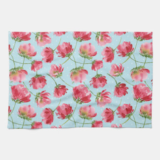 Tossed Crimson Red Watercolor Florals Polka Dots Tea Towel
