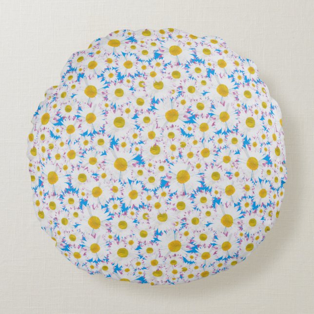 Tossed Ditzy White Daisies on Sky Blue Round Cushion (Front)