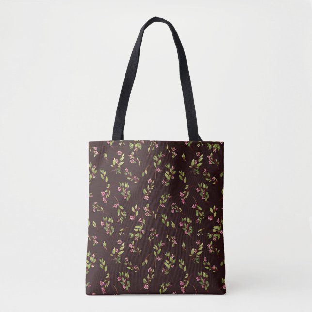 Tossed Floral Wildflowers on Chocolate Brown Tote Bag (Front)