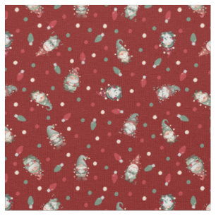 Tossed Gnomes Wrapped in Lights on Dark Red Fabric