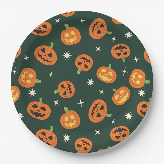 Tossed Halloween Pumpkin Pattern on dark green Paper Plate (Front)