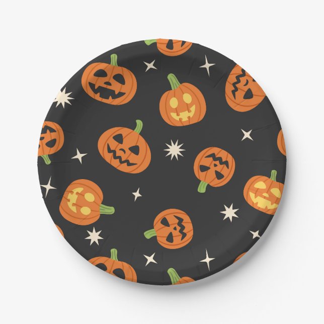 Tossed Halloween Pumpkins Pattern on Black Paper Plate (Front)