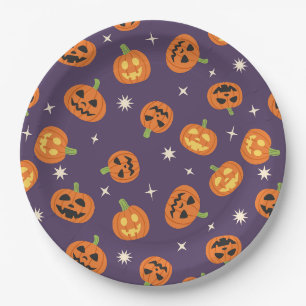 Tossed Halloween Pumpkins Pattern on dark purple Paper Plate