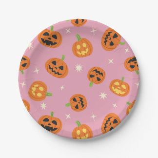 Tossed Halloween Pumpkins pattern on pink Paper Plate