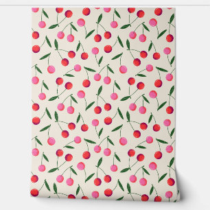Tossed Retro Berry Cherries on Cream - Kitchen Wallpaper