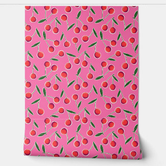 Tossed Retro Berry Cherries on Hot Pink - Kitchen Wallpaper