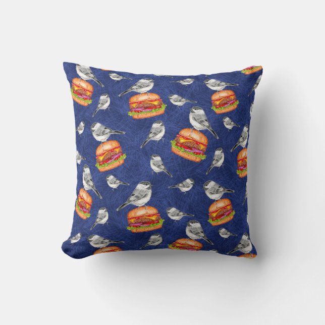 Tossed Tahoe Cheeseburger Birds on Deep Blue  Cushion (Front)