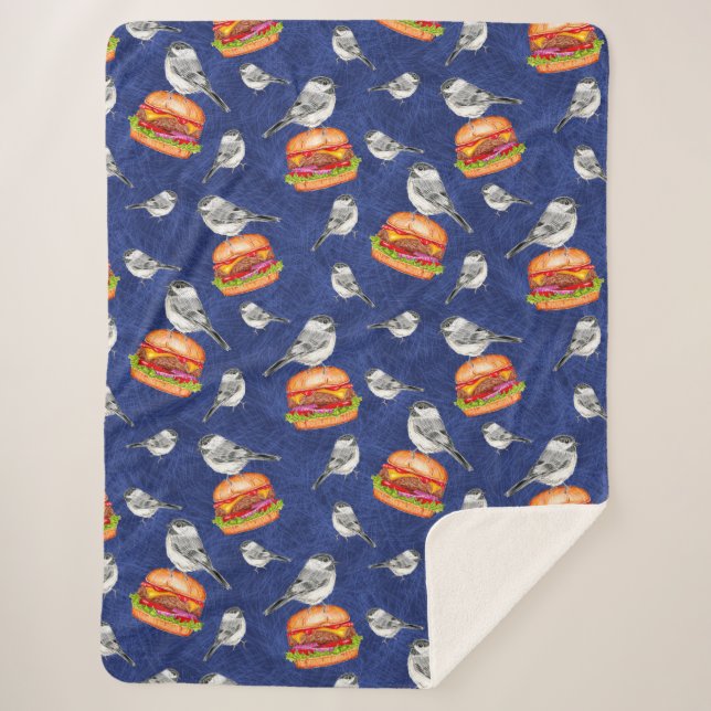 Tossed Tahoe Cheeseburger Birds on Deep Blue  Sherpa Blanket (Front)