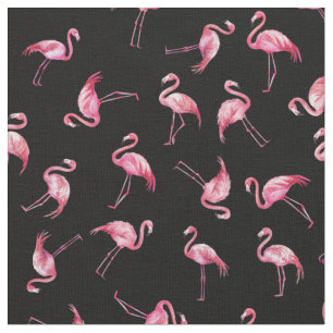 Tossed Watercolor Flamingos on Black Fabric