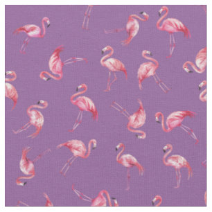 Tossed Watercolor Flamingos on Purple Fabric