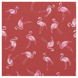 Tossed Watercolor Flamingos on Red Fabric