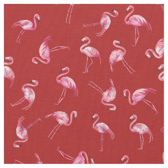 Tossed Watercolor Flamingos on Red Fabric (Close Up)