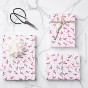 Tossed Watercolor Flamingos on White Wrapping Paper Sheet