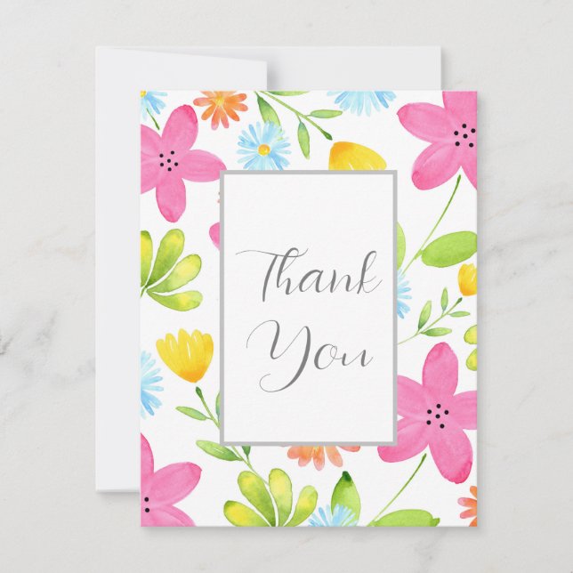 Tossed Watercolor Flowers Thank You Card (Front)