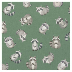 Tossed Watercolor Raccoons on Green Fabric