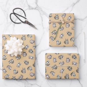 Tossed Watercolor Raccoons on Light Orange Wrapping Paper Sheet