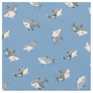 Tossed Watercolor Sharks on Blue Fabric
