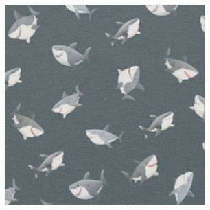 Tossed Watercolor Sharks on Dark Grey-Blue Fabric